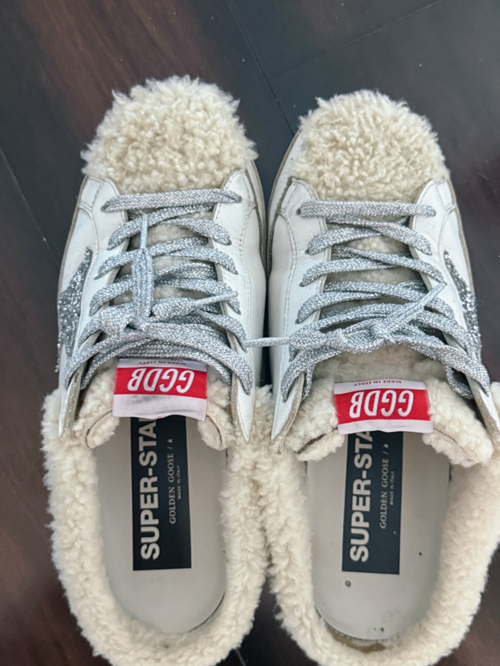 GOLDEN GOOSE SUPER-STAR Shearling-Trim Slip-On Sabot Sneakers Glitter Star - Picture 8 of 11